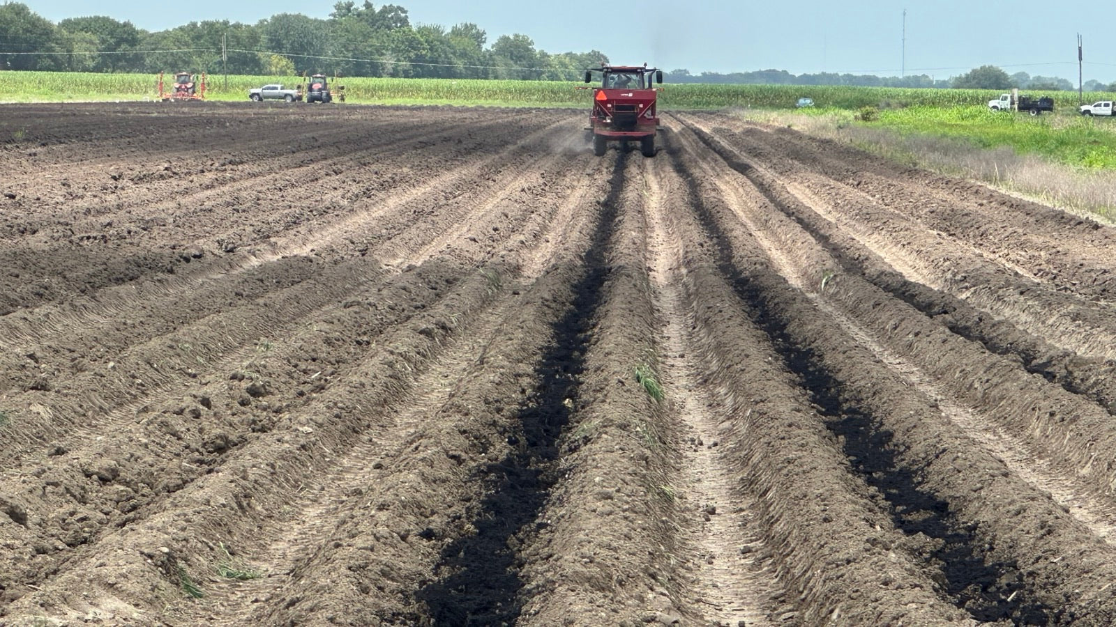 A red tractor drives down long rows of freshly tilled dark brown soil in an open farm field under a clear blue sky.